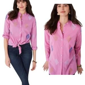 J. Jill Embroidered Button-Front Tunic Top L Pink Long Sleeve Lightweight